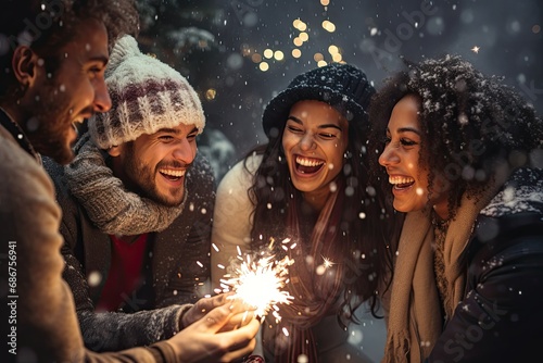 group of friends celebrating new year with sparklers