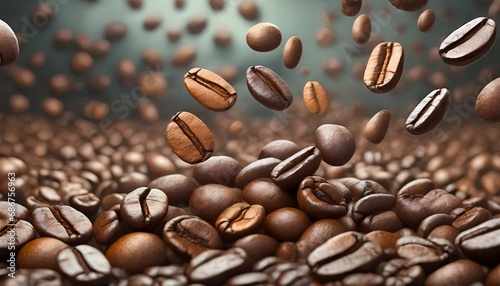 Falling Roasted Coffee Beans  Macro Shot  close-up.  