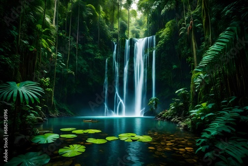 tropical jungle background, amazon forest, wildlife, animal, watarfall, exotic birds, trees, nature, art