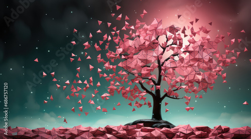 Solitary tree with radiant pink leaves standing on a geometric, metallic surface against a dark backdrop. © Jan