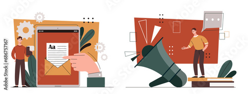 Social media promotion set. Advertising and marketing on internet. Internet and SEO specialist promote in messengers. Cartoon flat vector collection isolated on white background