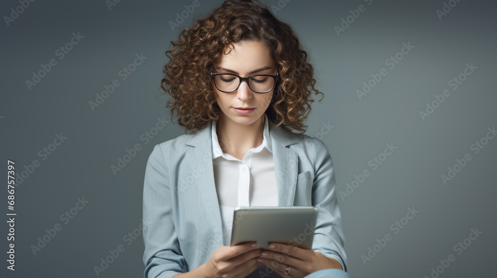 Businesswoman stands in an office with a tablet in her hands. Businesswoman stands in an office with a tablet in her hands.