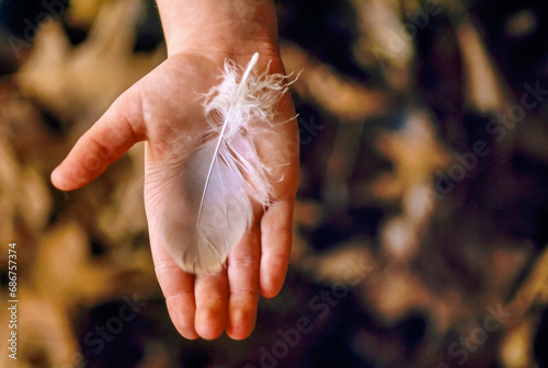 White feather in a child's hand; Gibbon, Nebraska, United States of America photo