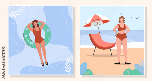 Summer beach posters set. Women in red swimsuit at rubber lifebuoy and near chair with umbrella. Young girls sunbathing. Cartoon flat vector collection isolated on white background