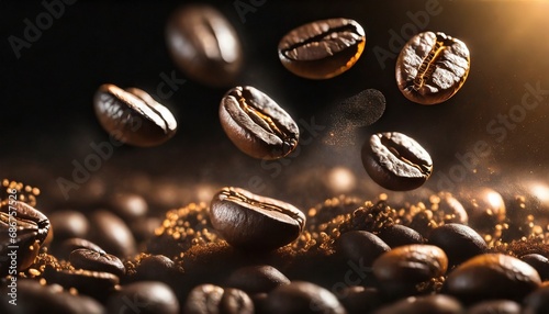 Falling Roasted Coffee Beans  Macro Shot  close-up.  
