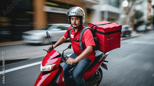 Delivery person in a red uniform and helmet  riding a red scooter and carrying an insulated delivery backpack  captured in motion on a city street.
