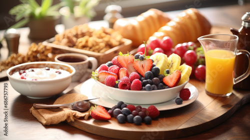Breakfast spread featuring croissants, assorted berries, cereal, fresh fruits, milk, and a variety of other healthy options on a wooden table bathed in sunlight.
