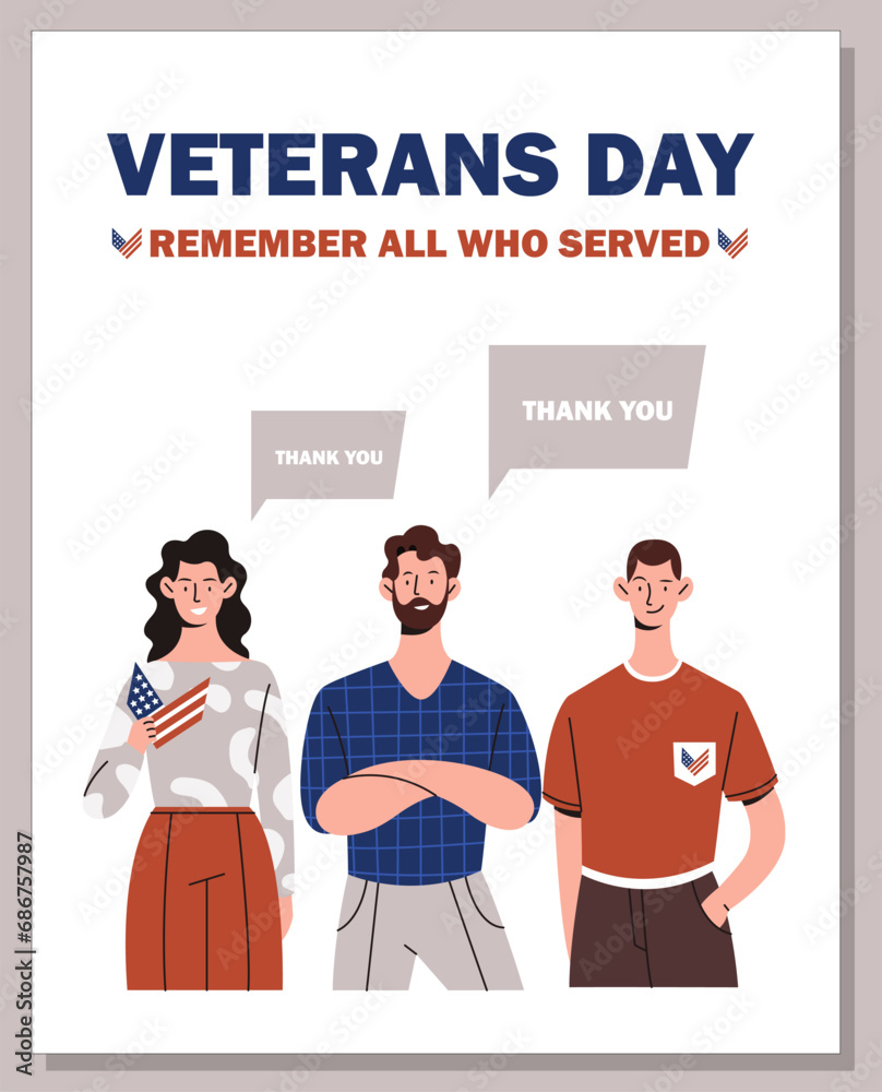 Veterans day poster. Armed forces, men and woman. Thank you warriors. Freedom and independence. Flyer, booklet and leaflet. Cartoon flat vector illustration isolated on grey background