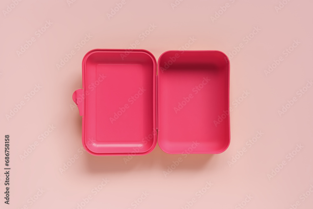 open empty pink lunch box, top view open empty pink lunch box, top view