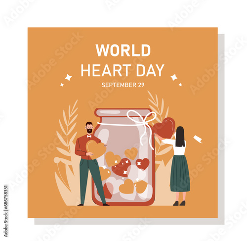 World heart day poster. Man and woman near glass jar with heart silhouettes. Love and care, support. Activists and volunteers. Cartoon flat vector illustration isolated on white background