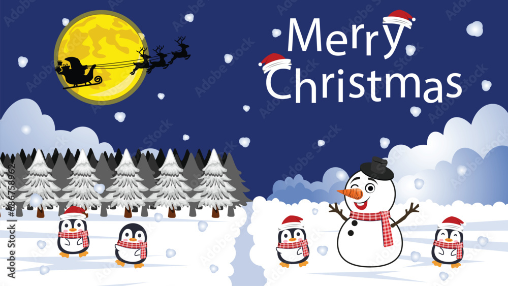 Christmas cartoon cute penguins and snowman with Santa Claus and reindeer silhouettes on snow background. Funny birds in santa hats and scarves.