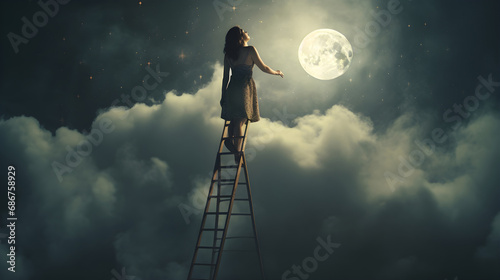 A woman climbing a ladder to the clouds trying to reach the moon. Achieving a goal, chasing a dream, reaching far, aiming high photo