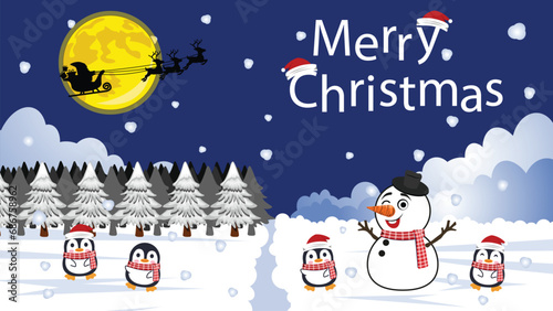 Fototapeta Naklejka Na Ścianę i Meble -  Christmas cartoon cute penguins and snowman with Santa Claus and reindeer silhouettes on snow background. Funny birds in santa hats and scarves.