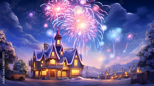 Christmas and New Year holidays background. Beautiful winter landscape with a Christmas tree, houses and fireworks. photo