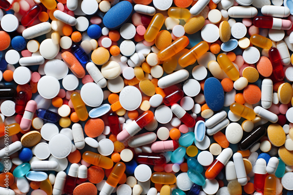a large array of pills, capsules, and tablets, in the style of disintegrated, mosaic composition created with Generative Ai a large array of pills, capsules, and tablets, in the style of disintegrated, mosaic composition created with Generative Ai