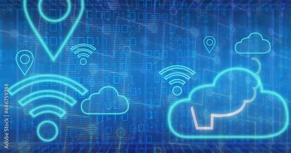 Animation of brain binary codes, clouds, wi fi, robot and speech bubbles against blue background