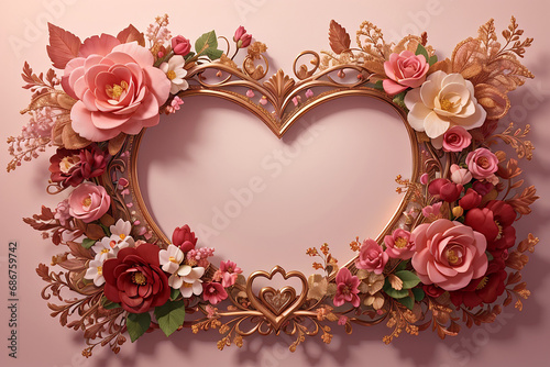 Elegant heart-shaped floral frame with roses and golden accents on a pink background, ideal for romantic and wedding designs.