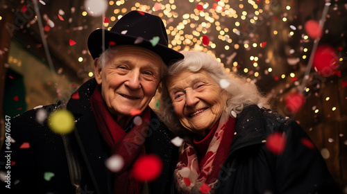Group of old people having fun and enjoying New Year night together celebrating with sparklers and funny accessories - happy lifestyle. Elderly people lifestyle and holidays concept. Generative AI. 