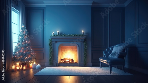 Fireplace with christmas decoration. Generative Ai