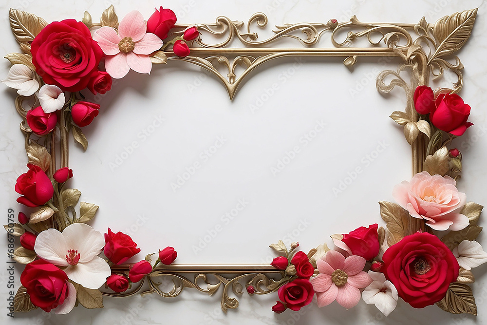 Elegant floral frame with red and pink flowers on a white background, perfect for wedding invitations or greeting cards.