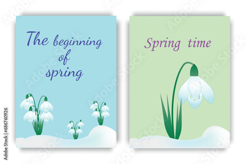 Poster with snowdrops, describes the beginning of spring, warmth and sun. Vector illustration.