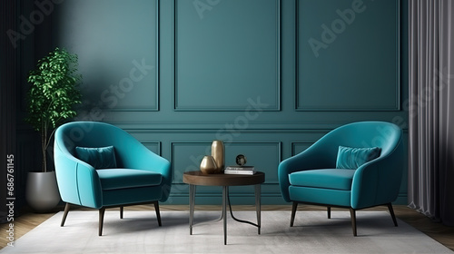 Interior with blue armchairs and set of two coffee tables in modern living room. Generative Ai