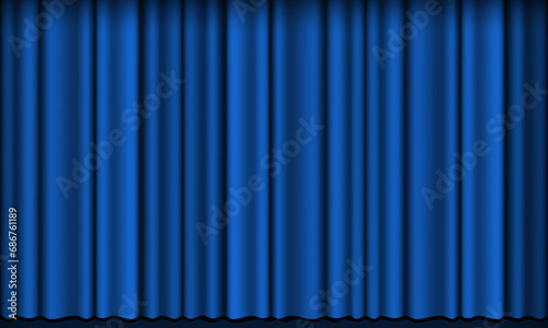 Blue curtain background. Theatrical drapes. Blue fabric. Wavy silk background.
