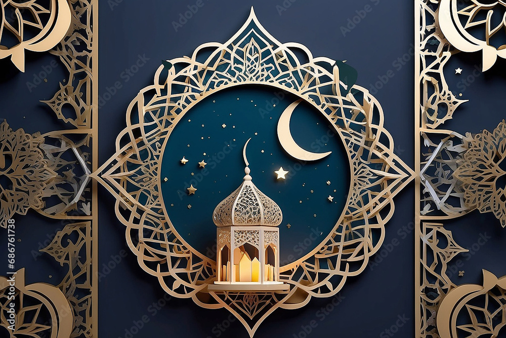 Ornate Islamic lantern with crescent moon and stars on a blue background with intricate gold arabesque patterns.