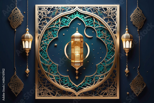 Elegant arabesque wall with intricate patterns and hanging lanterns, reflecting traditional Islamic art and architecture.