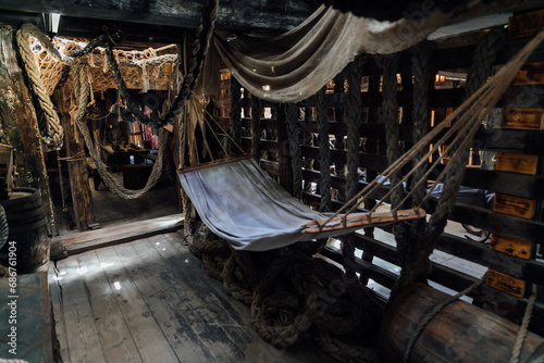 Deck of a vintage wooden pirate ship