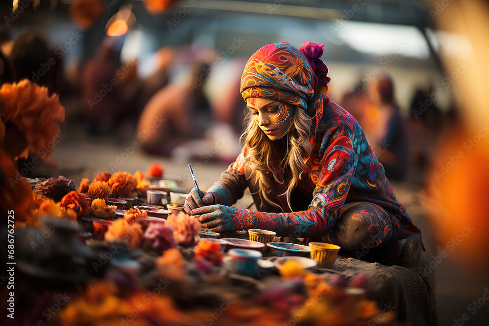 A woman in traditional attire paints colorful art at a cultural festival market.