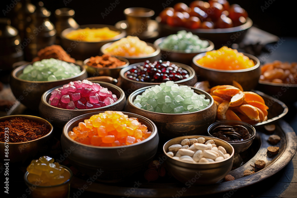 A vibrant collection of spices and dried fruits in assorted bowls, perfect for culinary enthusiasts and food presentations. A vibrant collection of spices and dried fruits in assorted bowls, perfect for culinary enthusiasts and food presentations.
