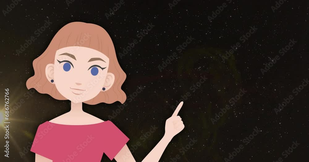 Animation of illustrative girl talking and pointing finger against black background