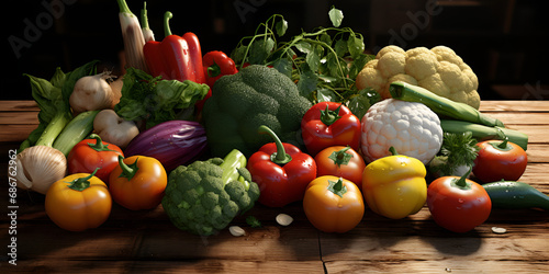 organic vegetables Vegetarian ingredients for cooking on dark rustic wooden background, A table full of vegetables including carrots, cucumbers, tomatoes, cucumbers other vegetables. Generative AI 