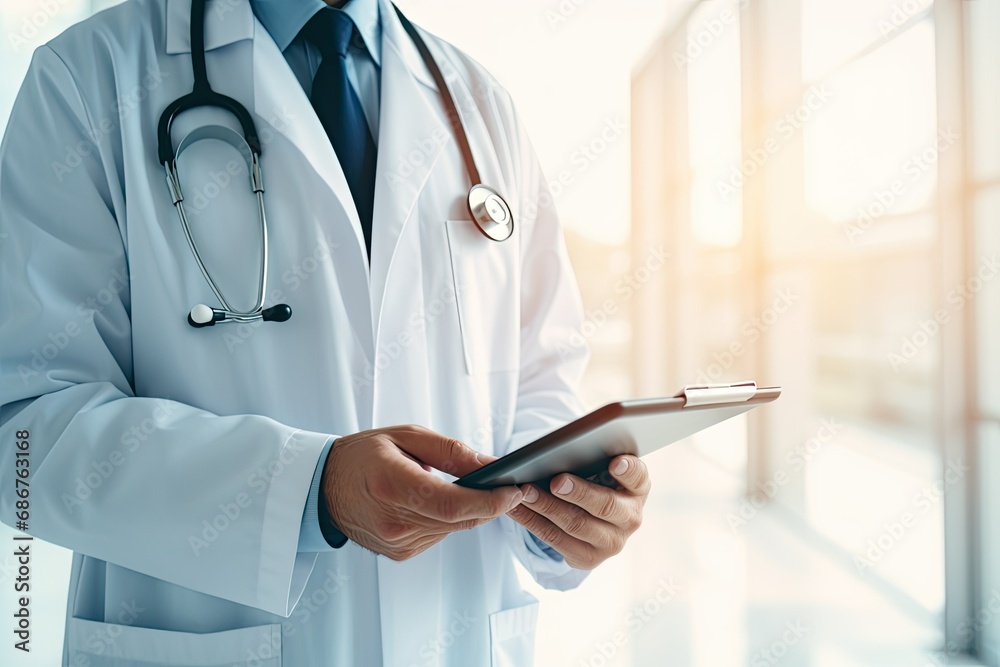 Doctor with stethoscope holding tablet in office, Doctor with stethoscope holding tablet in office,
