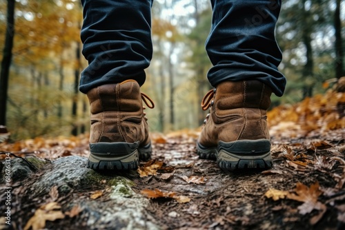 Close-up of legs. People hiking, walking in the woods,