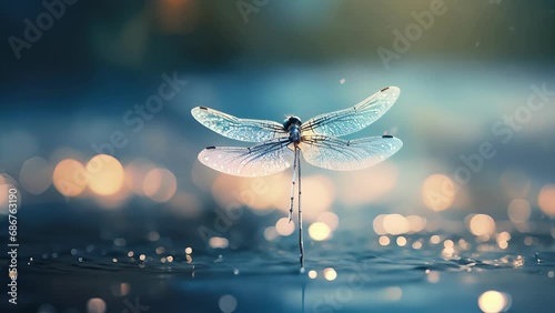 Closeup of a dragonfly hovering above the waters surface, its iridescent wings catching the moons radiance. photo