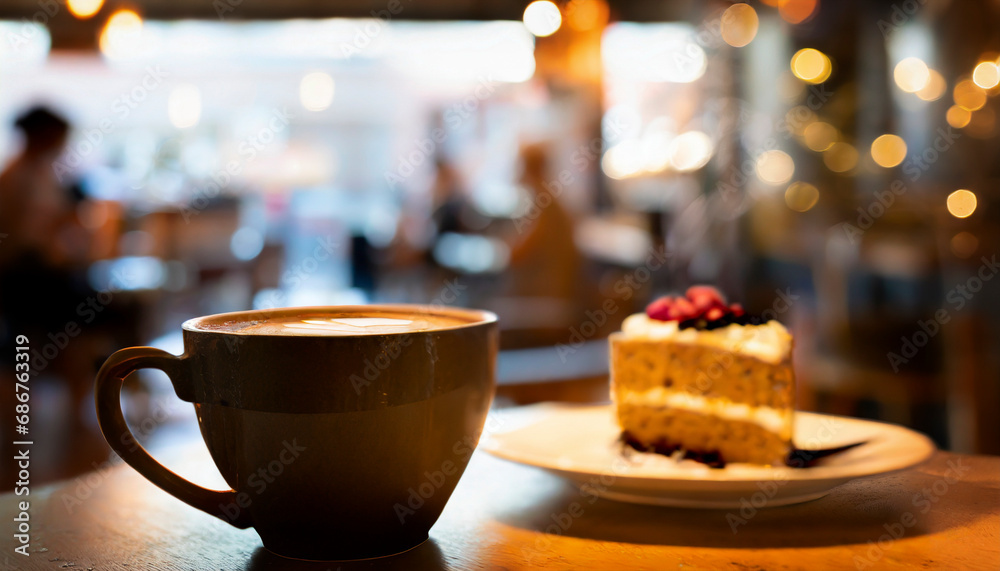 cake in a restaurant with cup of coffee and tables in background cake in a restaurant with cup of coffee and tables in background