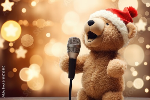 Cute, realistic plush bear with microphone, on christmas background and christmas lights. photo