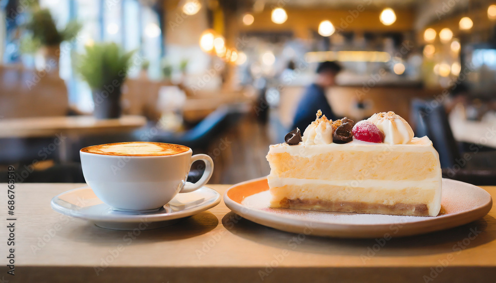 cake in a restaurant with cup of coffee and tables in background