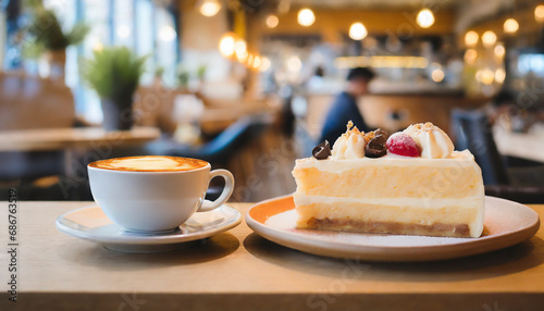 Obraz na płótnie cake in a restaurant with cup of coffee and tables in background w salonie