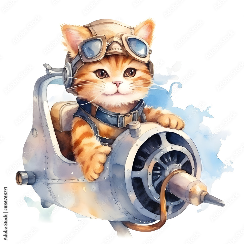 Funny cat pilot in an airplane, watercolor illustration.