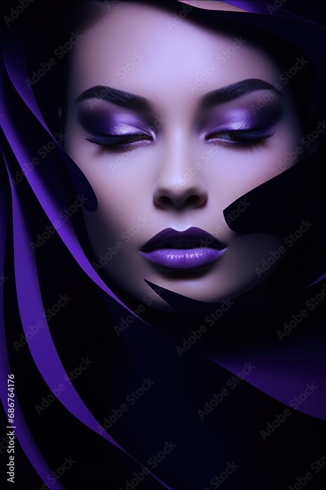 beauty and fashion portrait of woman with stylish makeup, in style of purple and blue, creative make-up female studio shot, dark shadows beauty and fashion portrait of woman with stylish makeup, in style of purple and blue, creative make-up female studio shot, dark shadows