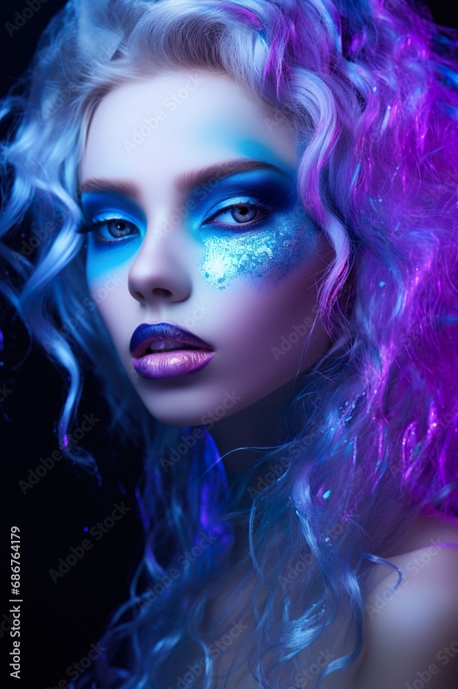 beautiful fantasy woman with fairy tale purple and blue neon glow makeup, fashionable female with fairy make-up, beauty and fashion portrait