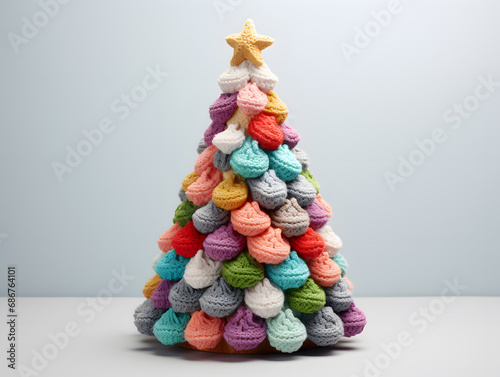 Colourful Christmas tree made of wool knitted clothes on a white background