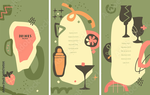 Menu design. Abstract shapes in Matisse style. Silhouettes of glass for cocktail, alcoholic drinks. Trendy Wall art. List, banner, booklet, flyer, brochure. Layout bar. Vector art. Green color. Party.