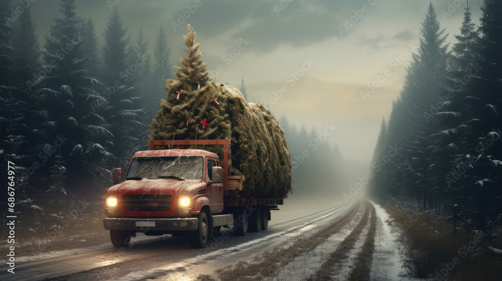 Foto de A car truck carries cut down Christmas trees through a spruce