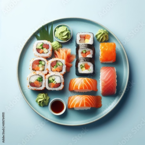 sushi with salmon on a plate on simple background