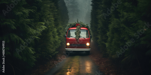 A car truck carries cut down Christmas trees through a spruce forest. Live Christmas tree for Christmas, deforestation.