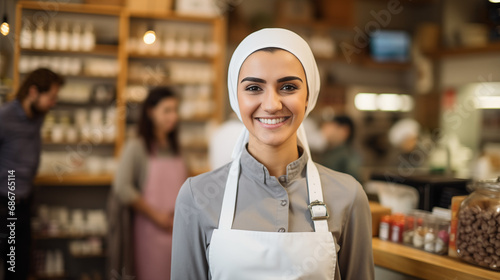 Cheerful Grocery Store Clerk Offering Quality Service with a Bright Smile 